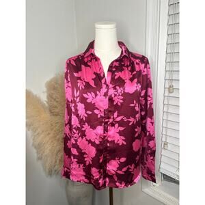 NWT Pleione Silky Floral Button Up Top Size Small Pink Plum